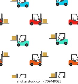 Seamless pattern of forklift truck. Transportation of goods in stock. Vector  illustration