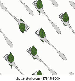 Seamless pattern with forks and green leaves on white background for vegan menu, restaurant invitation, presentation and wrapping papper