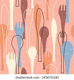 Seamless pattern of forks, spoons and knives. Retro mid century style design with tableware theme. For backgrounds, print and fabric design. Vector illustration.