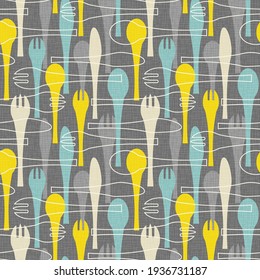 Seamless pattern of forks, spoons and knives. Retro mid century style design with tableware theme. For backgrounds, print and fabric design. Vector illustration.