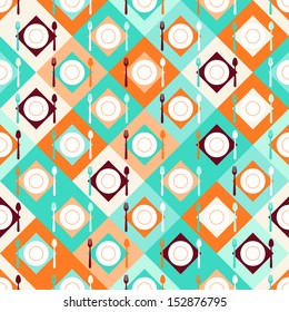 Seamless pattern with forks, spoons and plates in retro style.