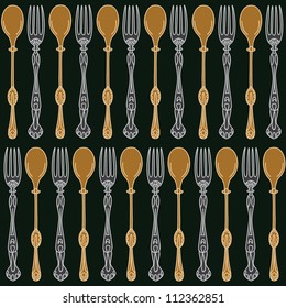 Seamless pattern of forks and spoons. Vector illustration with silver fork and gold spoon