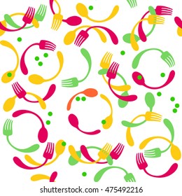Seamless pattern with forks and spoons / Yellow, red and green dishes on the white background
