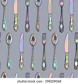 Seamless pattern with fork,spoon and knives. Hand drawn vintage background.