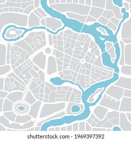 Seamless pattern in the form of abstract city map. Repeating flat illustration with a city roads plan. Decorative map with town streets and a blue river. Vector color schematic background