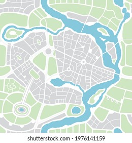 Seamless pattern in the form of abstract city map. Vector repeating flat illustration with a city road plan. Decorative map with town streets, green parks and a blue river. Color schematic background