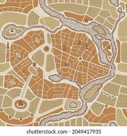 Seamless Pattern In The Form Of An Abstract City Map. Color Vector Repeating Background With Urban Roads Plan In Retro Style. Town Streets With Parks, River And Landmarks On An Old Paper Backdrop