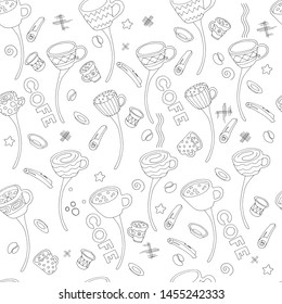 Seamless pattern, in the form of abstract coffee mugs, on the stems resembling flowers. Hand-drawn on paper. Graphics.
