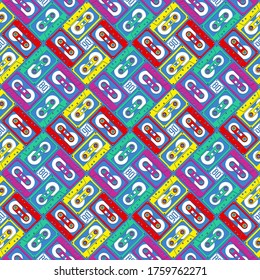 Seamless pattern in the form of audio cassettes of the 80's and 90's. Vector graphics.