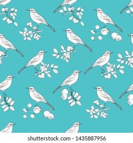 Seamless pattern in the form of birds, berries, blueberry leaves and wild rose on a turquoise background.