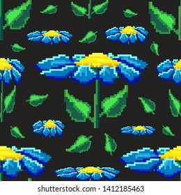 Seamless pattern in the form of blue pixel colors and green leaves
