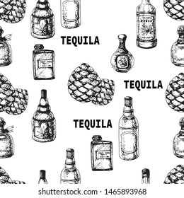 Seamless pattern, in the form of a bottle of tequila and a bush of light blue agave, lettering, hand-drawn on paper in the form of black and white contours. Elements for design, project, menu cards.