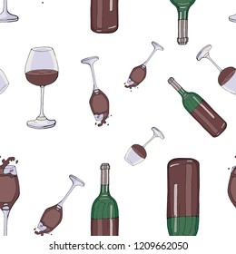 Seamless pattern. Pattern in the form of bottles and glasses of red wine. Vector in color.