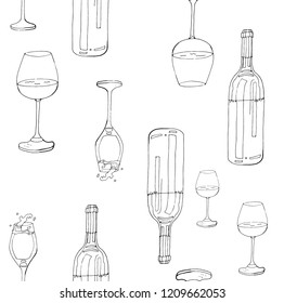 Seamless pattern. Pattern in the form of bottles and glasses of wine. Vector in black and white.