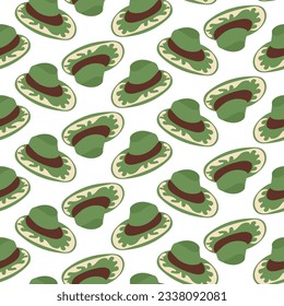 Seamless pattern in the form of a cartoon green cowboy hat on a white. A hat for a party. The fashionable style of the Wild West. Cowboy western, the concept of the wild West. Hand-drawn color flat