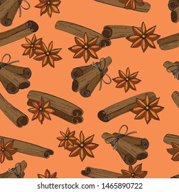 Seamless pattern in the form of cinnamon sticks and seeds, drawn on paper with a pen. Design element menu, packaging, price tags, labels.