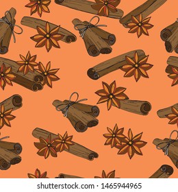 Seamless pattern in the form of cinnamon sticks and seeds, drawn on paper with a pen. Design element katy menu, packaging, price tags, labels.
