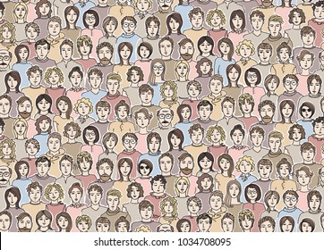 Seamless pattern, in the form of contour colour different faces of men and women. Vector background.