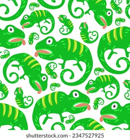 Seamless pattern in the form of cute chameleons. Funny hand-drawn animals. Creative children's background in Scandinavian style. Vector illustration of a forest. Chameleon on white