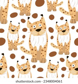 Seamless pattern in the form of cute lynxes. Funny hand-drawn animals. Creative children's background in Scandinavian style. Vector illustration of savannah. Lynx on white
