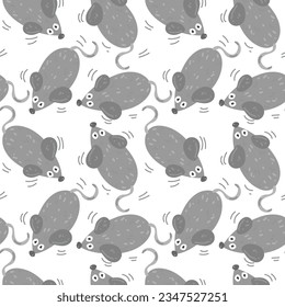 Seamless pattern in the form of cute mice. Funny hand-drawn animals. Creative children's background in Scandinavian style. Vector illustration. Mouse on a white background