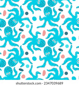 Seamless pattern in the form of cute octopuses. Funny hand-drawn animals. Creative children's background in Scandinavian style. Vector illustration under water. Octopus on white