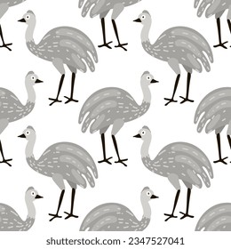 Seamless pattern in the form of cute ostriches. Funny hand-drawn animals. Creative children's background in Scandinavian style. Vector illustration. Ostrich on a white background