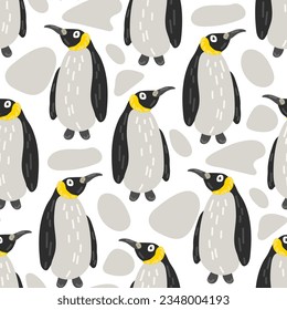 Seamless pattern in the form of cute penguins. Funny hand-drawn animals. Creative children's background in Scandinavian style. Vector illustration of the north. Penguin on white