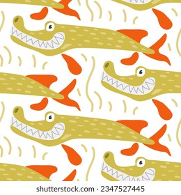 Seamless pattern in the form of cute toothy pike. Funny hand-drawn animals. Creative children's background in Scandinavian style. Vector illustration. Pike on white