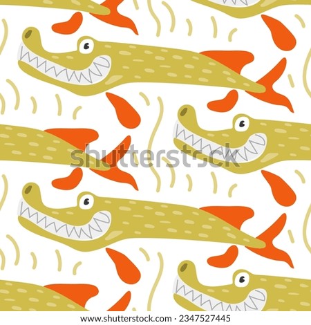 Seamless pattern in the form of cute toothy pike. Funny hand-drawn animals. Creative children's background in Scandinavian style. Vector illustration. Pike on white