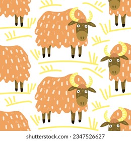 Seamless pattern in the form of cute Yaks. Funny hand-drawn animals. Creative children's background in Scandinavian style. Vector illustration. Yak on a white background