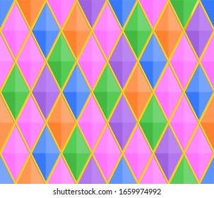 Seamless pattern in the form of faceted gems in gold frame. Vector drawing.
