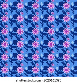 seamless pattern in the form of a floral ornament in blue-pink tones for prints on fabrics, clothes, packaging, ceramics, covers, frames, as well as for interior decoration