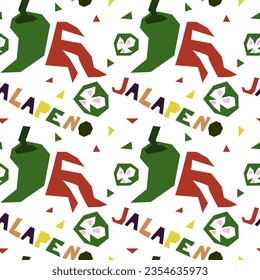 Seamless pattern in the form of geometric jalapeno, hand-drawn, with an inscription. Vector illustration of vegetables in whole and in section. For wrapping paper, street festival, farmer's market