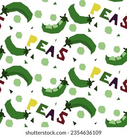 Seamless pattern in the form of geometric peas, hand-drawn, with an inscription. Vector illustration of vegetables in whole and in section. For wrapping paper, street festival, farmer's market