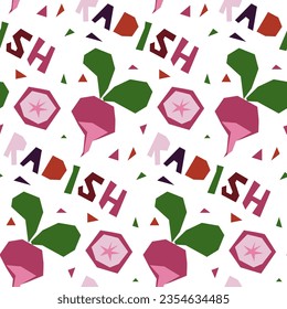 Seamless pattern in the form of a geometric radish, hand-drawn, with an inscription. Vector illustration of vegetables in whole and in section. For wrapping paper, street festival, farmer's market