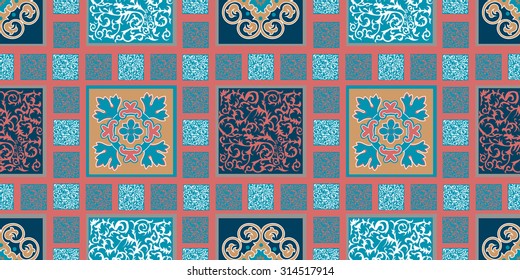 Seamless pattern in the form of geometries shapes, with stylized elements and geometric patterns. Print stained glass, tiles. Illustration vector.