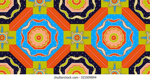 Seamless pattern in the form of geometries shapes, with stylized elements and geometric patterns. Print stained glass, tiles. Illustration vector.