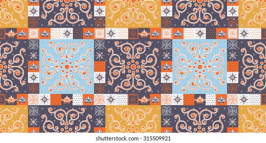 Seamless pattern in the form of geometries shapes, with stylized elements and geometric patterns. Print stained glass, tiles. Illustration vector.