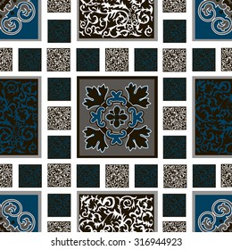 Seamless pattern in the form of geometries shapes, with stylized elements and geometric patterns. Print stained glass, tiles. Illustration vector.