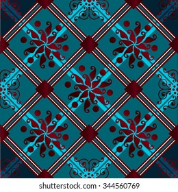 Seamless pattern in the form of geometries shapes, with stylized elements and geometric patterns. Print stained glass, tiles. Illustration vector.