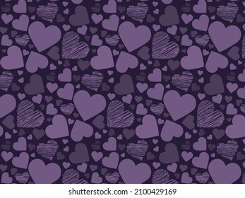 Seamless pattern in the form of hearts. Background of Valentine's day, packaging, postcards, textiles, paper. Shades of purple.