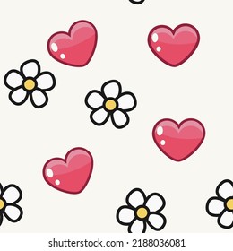 Seamless pattern in the form of hearts and flowers of color on a white background. With love, Valentine's Day. Vector illustration.
