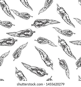 Seamless pattern, in the form of hot pepper pods, painted on paper by hands, black-and-white contour.
