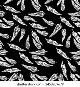 Seamless pattern, in the form of hot pepper pods, painted on paper by hands, black-and-white contour.
