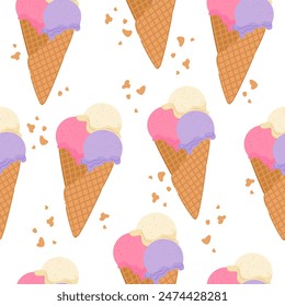 Seamless pattern in the form of an ice cream cone with three balls of white, pink, purple color. Vanilla, berry. Perfect for festive and fun decoration