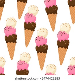 Seamless pattern in the form of an ice cream cone with three balls of white, pink, brown color. Vanilla, strawberry, chocolate. Perfect for festive and fun decoration