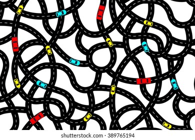 Seamless Pattern In The Form Of Intertwining Roads With Cars