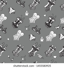 Seamless pattern in the form of lacy underwear for women, drawn on paper by hand, with a black-and-white outline. Graphics, calligraphy.

