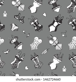 Nahtloses Muster in Form von lakigem Unterwäsche für Frauen, handgezeichnet auf Papier, mit schwarz-weißem Umriss. Grafiken, Kalligrafie.
